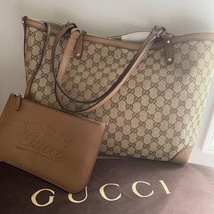 Gucci Signature Canvas and Brown Leather Tote Bag